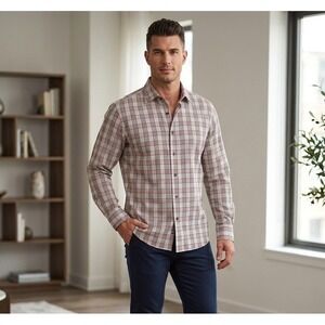 ISAIA Napoli Dress Shirt 16.5 42 | Brown Tan Plaid Check | 100% Cotton Italy